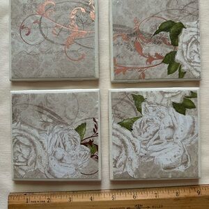 Set of Four White Ceramic Coasters, 4” square tiles rose floral